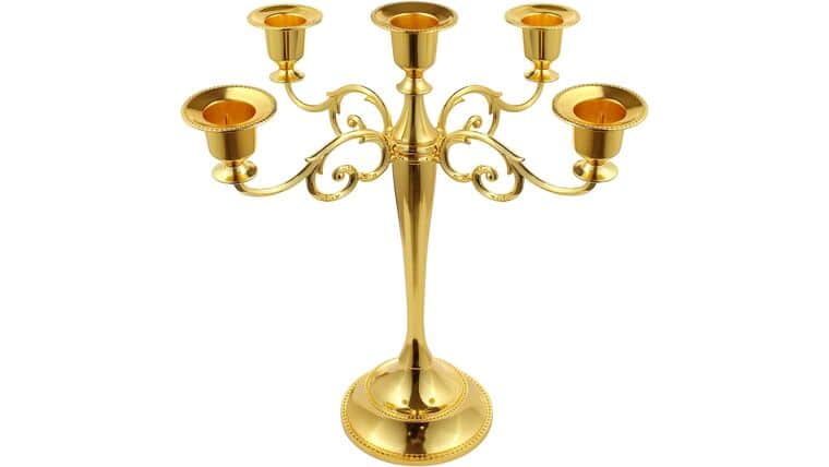 5-Candle Metal Candelabra 10.2 Inch Tall Candlestick Candle Holders for Home Decor Wedding Christmas Church Halloween Party, Gold | Rental 5-Candle Metal Candelabra 10.2 Inch Tall Candlestick Candle Holders for Home Decor Wedding Christmas Church Halloween Party, Gold | Rental
