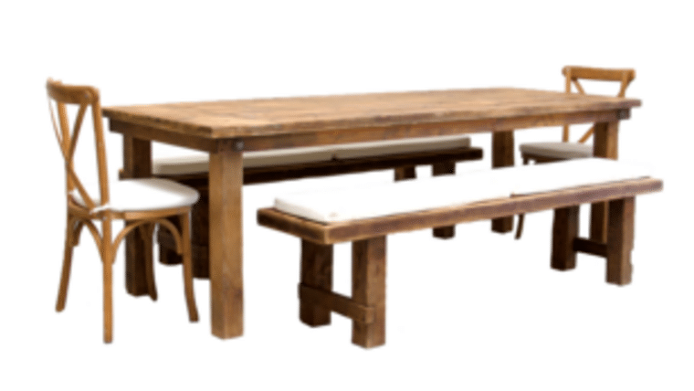 Package – 1 Honey Brown Farm Table With 2 Long Benches And 2 Cross-Back Chairs Package | Rental Package – 1 Honey Brown Farm Table With 2 Long Benches And 2 Cross-Back Chairs Package | Rental