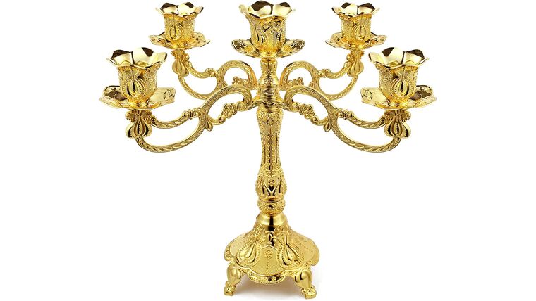 5-Candle Metal Candelabra 10.3 Inch Tall Candlestick Candle Holders for Home Decor Wedding Christmas Church Halloween Party, Gold Tulip | Rental 5-Candle Metal Candelabra 10.3 Inch Tall Candlestick Candle Holders for Home Decor Wedding Christmas Church Halloween Party, Gold Tulip | Rental