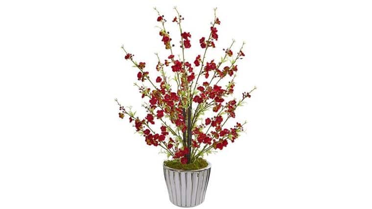 24” Cherry Blossom Artificial Arrangement in White Vase with Silver Trimming | Rental 24” Cherry Blossom Artificial Arrangement in White Vase with Silver Trimming | Rental