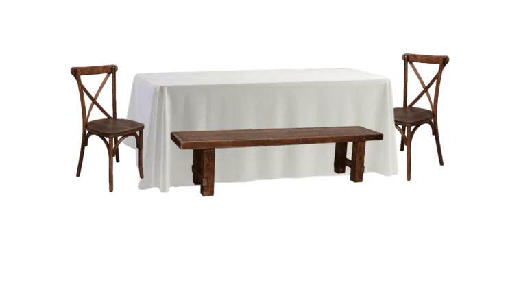 Package – 1 Banquet Table With 2 Mahogany Long Benches And 2 Mahogany Cross-Back Chairs Package | Rental Package – 1 Banquet Table With 2 Mahogany Long Benches And 2 Mahogany Cross-Back Chairs Package | Rental
