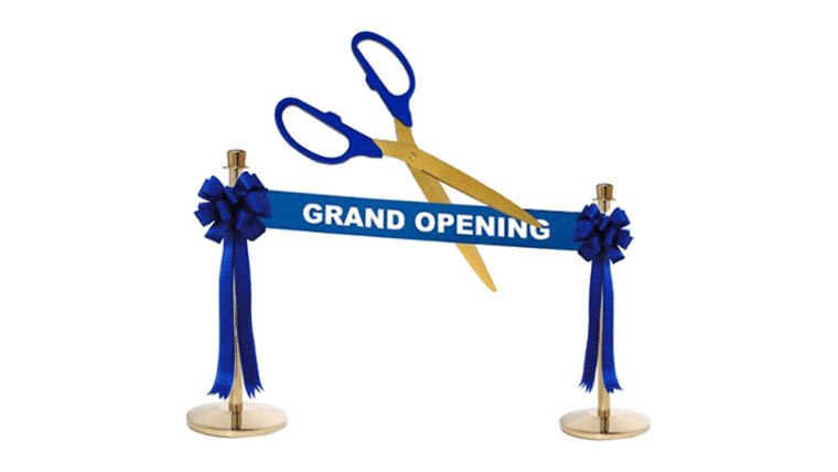 Deluxe Grand Opening Kit – 25″ Black/Silver Ceremonial Ribbon Cutting Scissors with 5 Yards of 6″ Royal Blue Grand Opening Ribbon, 2 Royal Blue Bows and 2 White Plastic Stanchions | Rental Deluxe Grand Opening Kit – 25″ Black/Silver Ceremonial Ribbon Cutting Scissors with 5 Yards of 6″ Royal Blue Grand Opening Ribbon, 2 Royal Blue Bows and 2 White Plastic Stanchions | Rental