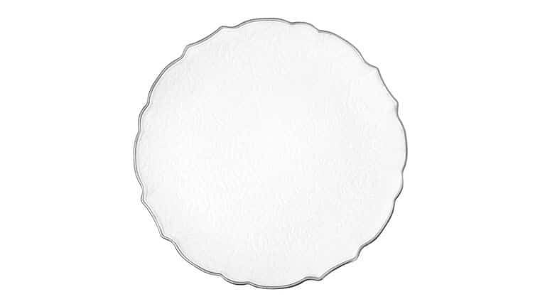 Victorian Embossed Acrylic Charger Plate – White/Silver Trimmed | Rental Victorian Embossed Acrylic Charger Plate – White/Silver Trimmed | Rental
