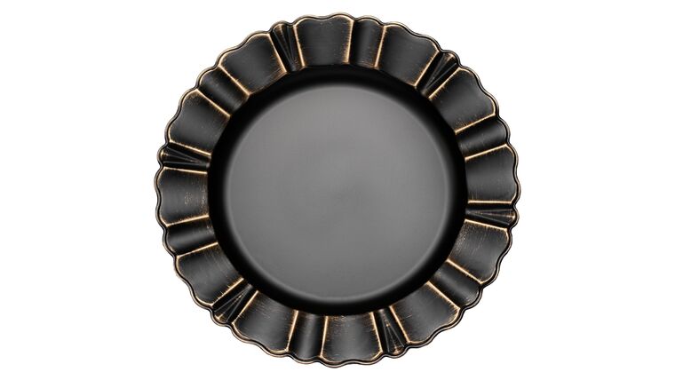 Waved Scalloped Acrylic Charger Plate – Black & Gold | Rental Waved Scalloped Acrylic Charger Plate – Black & Gold | Rental