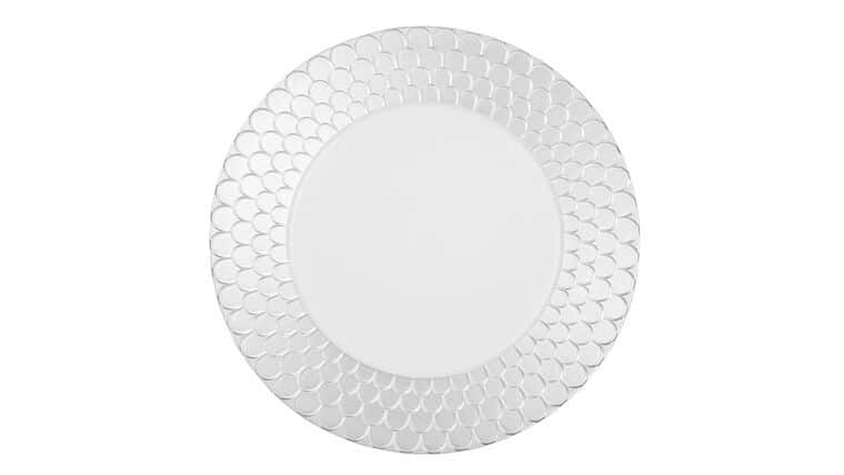 Mediterranean Scale Charger Plate – White/Silver Trimmed | Rental Mediterranean Scale Charger Plate – White/Silver Trimmed | Rental