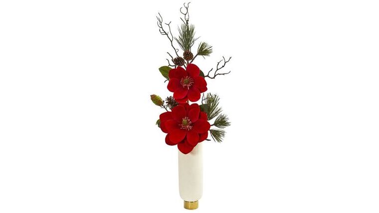 Magnolia and Pine Artificial Arrangement in White Vase | Rental Magnolia and Pine Artificial Arrangement in White Vase | Rental