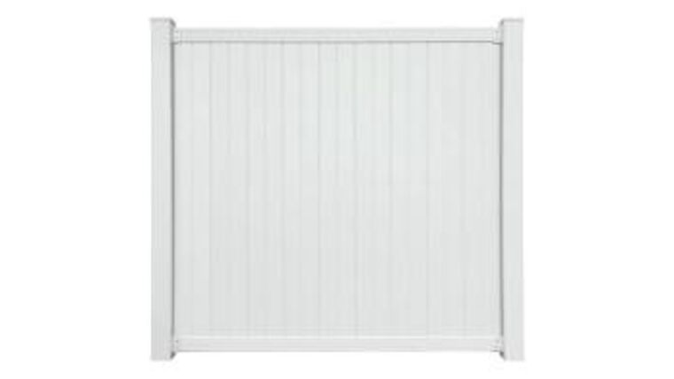 8′ x 6′ White Gatehouse Emblem Flat-Top Privacy Vinyl Fence Panel | Rental 8′ x 6′ White Gatehouse Emblem Flat-Top Privacy Vinyl Fence Panel | Rental