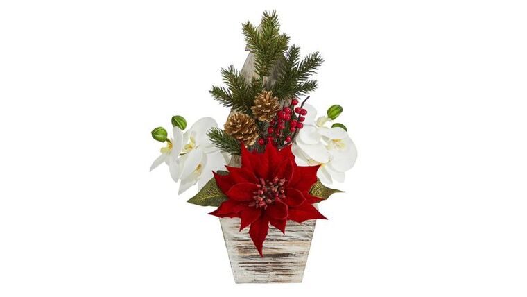 15” Poinsettia and Orchid Artificial Arrangement in Christmas Tree Vase | Rental 15” Poinsettia and Orchid Artificial Arrangement in Christmas Tree Vase | Rental