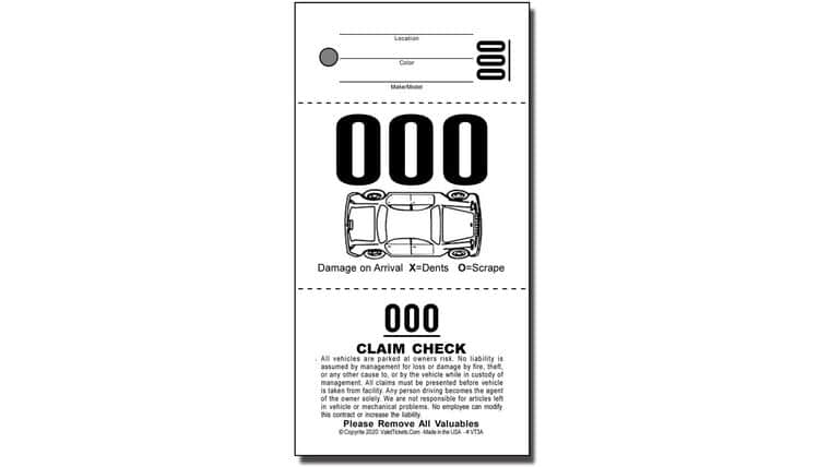 3 Part Valet Parking Tickets (1000 Tickets) on 110lb Card Stock with Car Diagram | Rental