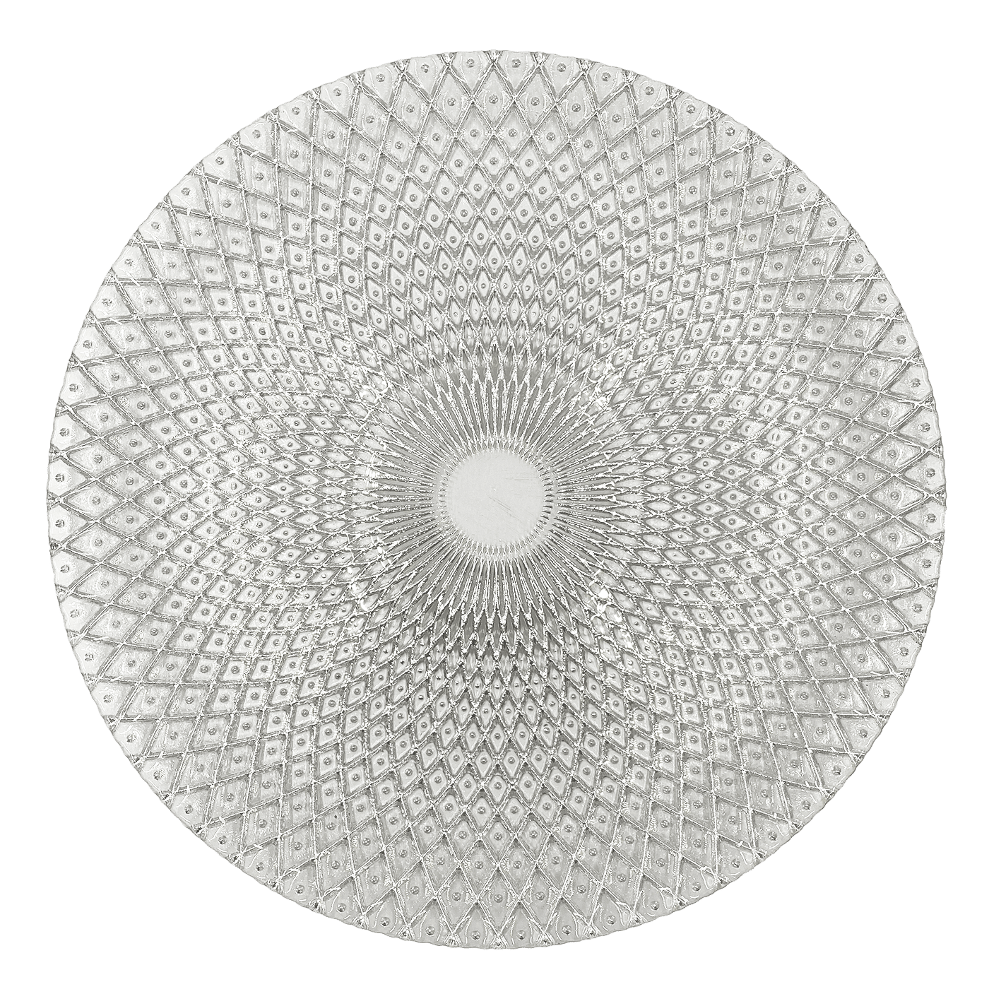 Mandala – Glass Charger Plate in Silver (Item # 0230) | Rental Mandala – Glass Charger Plate in Silver (Item # 0230) | Rental