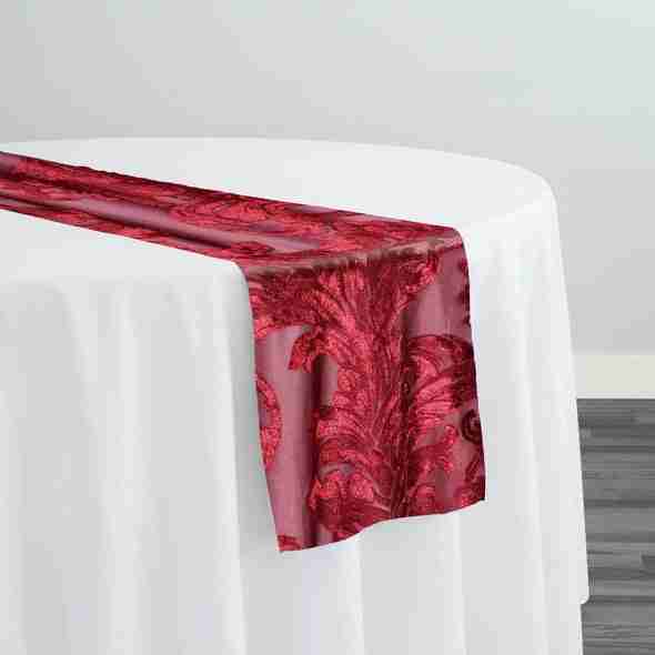 Victorian Jacquard Sheer Table Runner in Burgundy | Rental Victorian Jacquard Sheer Table Runner in Burgundy | Rental