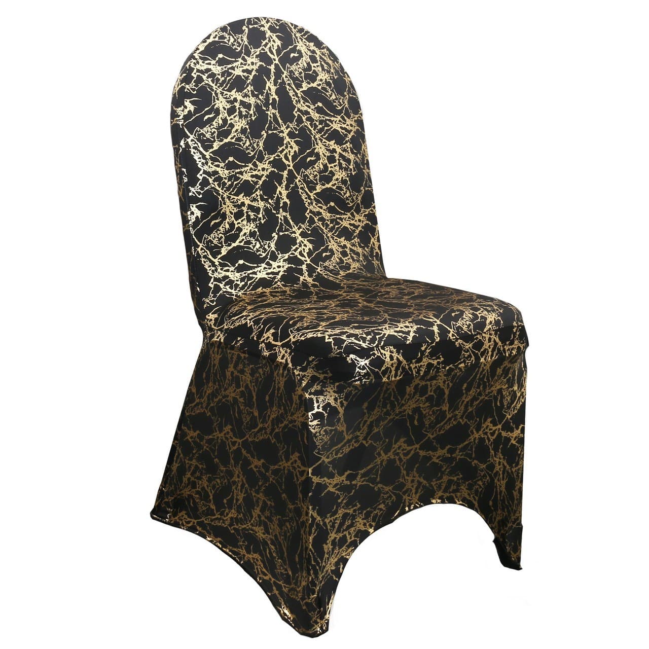 Stretch Spandex Banquet Chair Cover Black With Gold Marbling | Rental Stretch Spandex Banquet Chair Cover Black With Gold Marbling | Rental