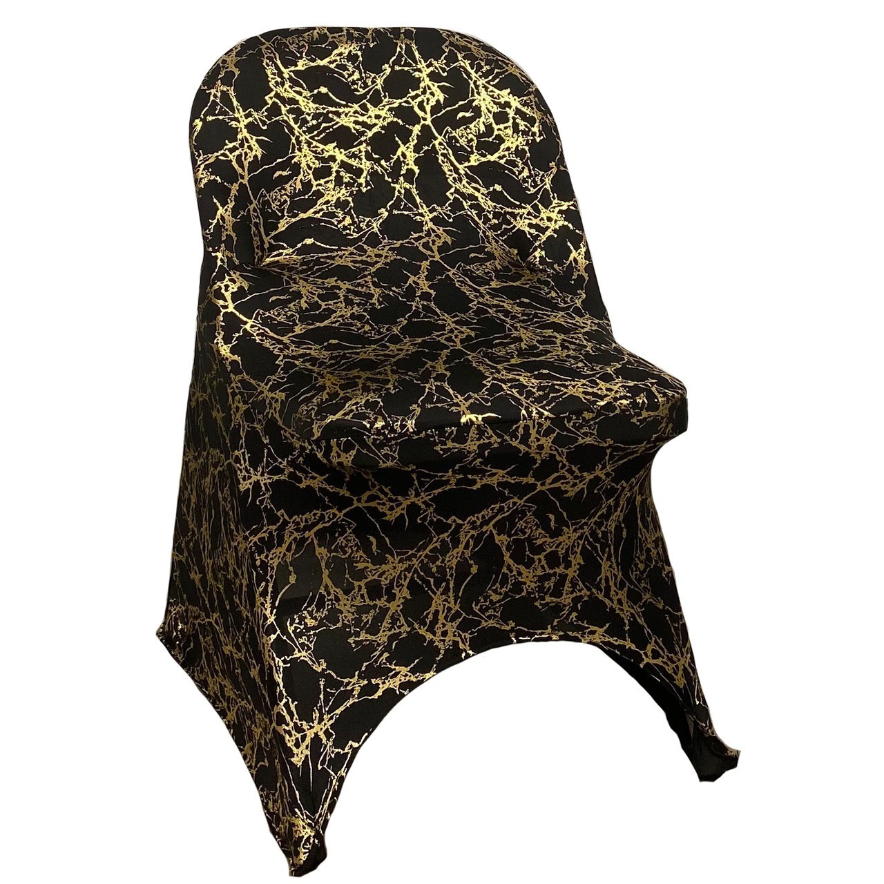 Stretch Spandex Folding Chair Cover Black With Gold Marbling | Rental Stretch Spandex Folding Chair Cover Black With Gold Marbling | Rental