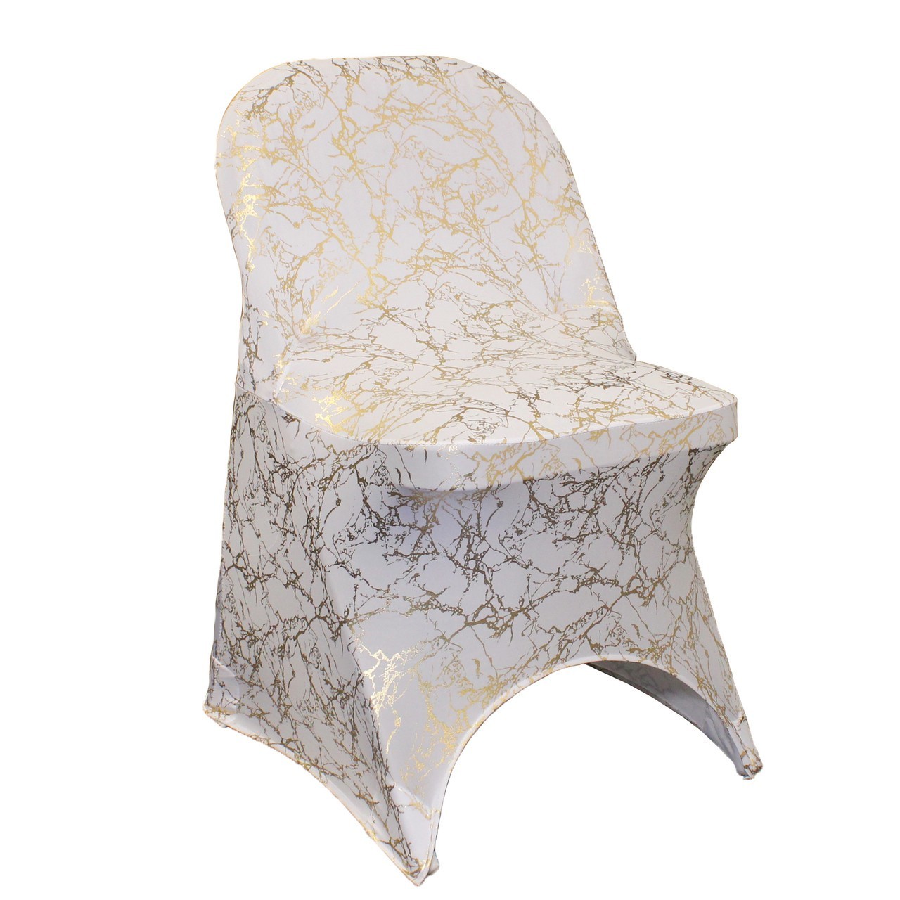 Stretch Spandex Folding Chair Cover White With Gold Marbling | Rental Stretch Spandex Folding Chair Cover White With Gold Marbling | Rental
