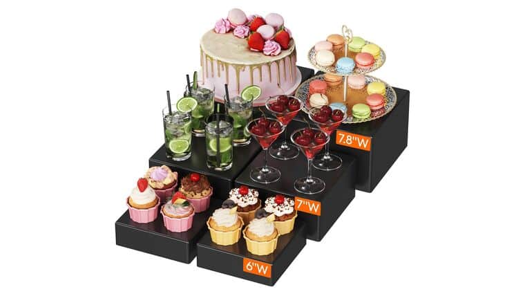 Buffet Risers and Stands Up to 7.8″, Food Risers for Buffet Table, Catering Dessert Cake Stand for Party | 6 Piece | Black | Rental