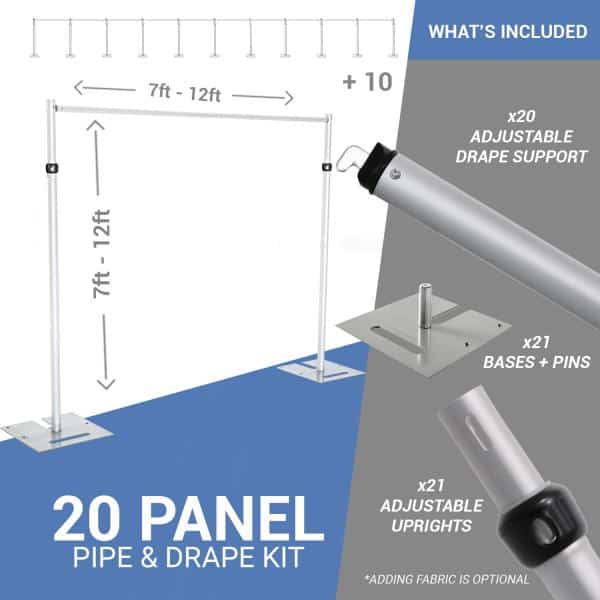 20-Panel Pipe and Drape Kit / Backdrop – 7-12 Feet Tall (Adjustable) | Rental