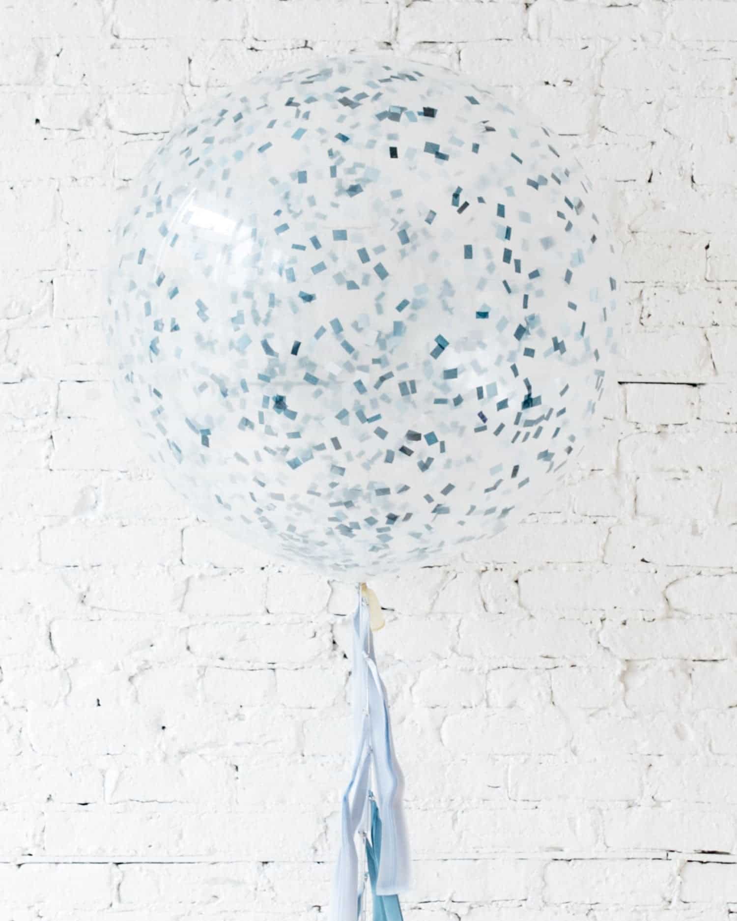 Mixed Blues Confetti Giant Balloon and Ombre Blue Tassel | Rental