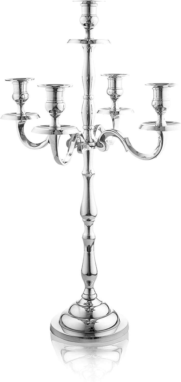 24 Inch Silver 5 Candle Candelabra – Classic Elegant Design – Wedding, Dinner Party And Formal Event Centerpiece – Nickel Plated Aluminum, Mirrored Finish | Rental 24 Inch Silver 5 Candle Candelabra – Classic Elegant Design – Wedding, Dinner Party And Formal Event Centerpiece – Nickel Plated Aluminum, Mirrored Finish | Rental