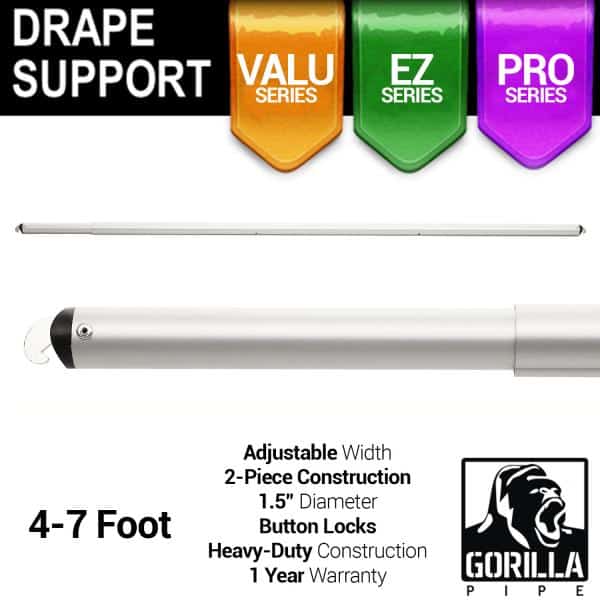 4-7ft Telescoping Drape Support w/ Button Stops at 5ft, 6ft | Rental