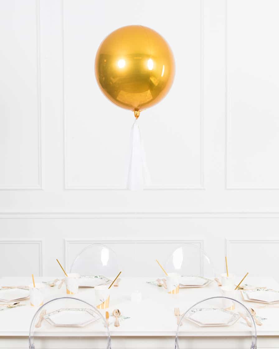 Botanical – 16in Gold Orb Centerpiece with Skirt | Rental Botanical – 16in Gold Orb Centerpiece with Skirt | Rental