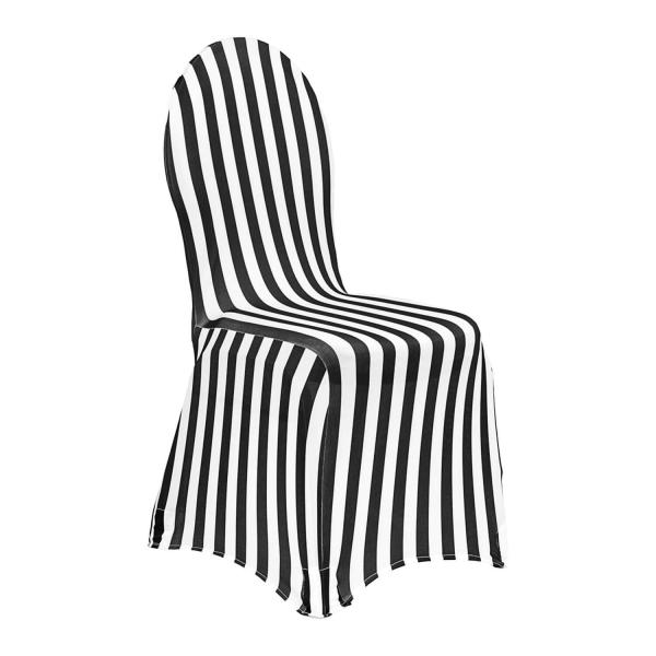 Striped Spandex (Lycra) Banquet & Wedding Chair Cover By Eastern Mills in Black and White | Rental Striped Spandex (Lycra) Banquet & Wedding Chair Cover By Eastern Mills in Black and White | Rental