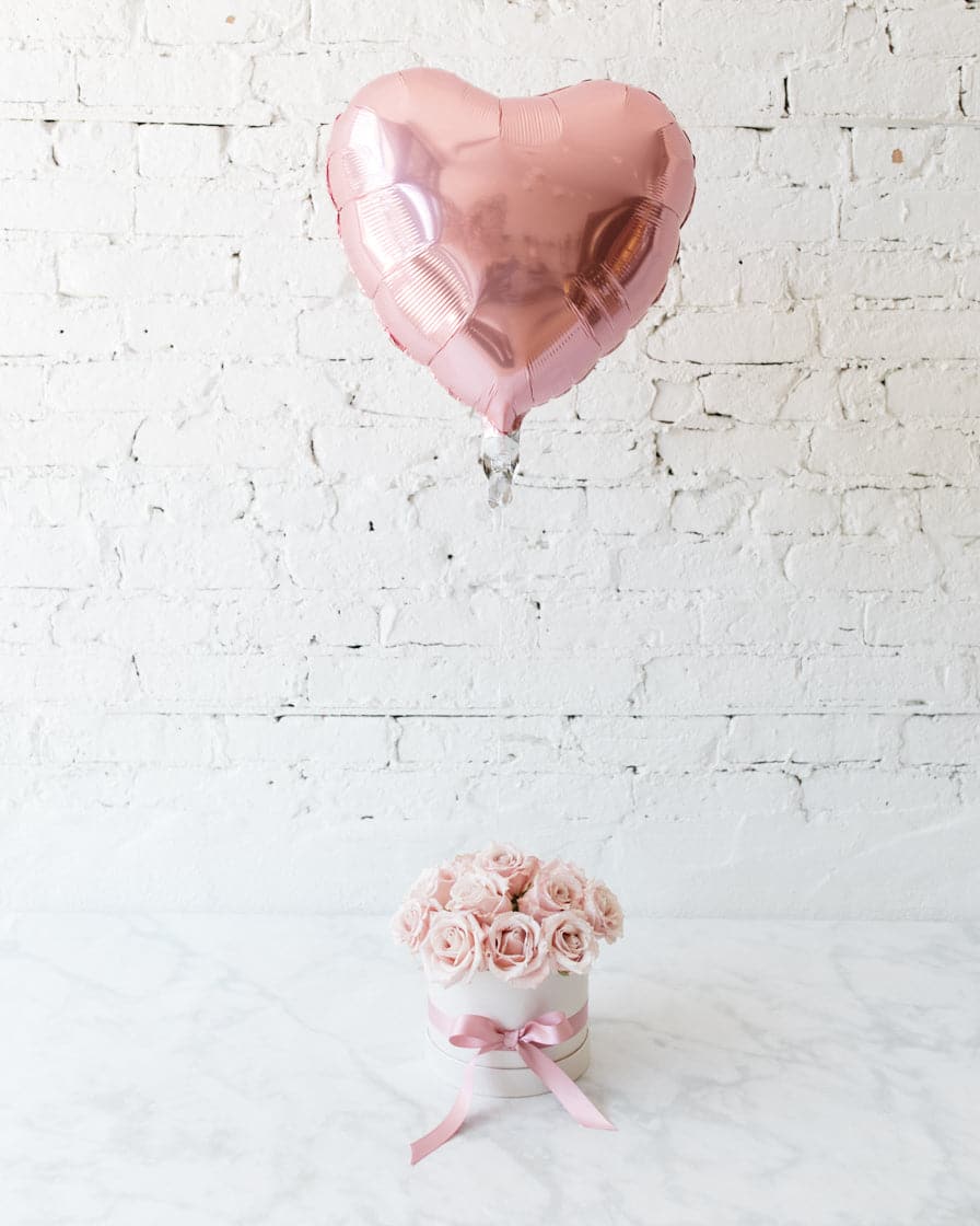 GIFT-18in Foil Heart and Pale Pink Rose Bloom Box | Rental GIFT-18in Foil Heart and Pale Pink Rose Bloom Box | Rental