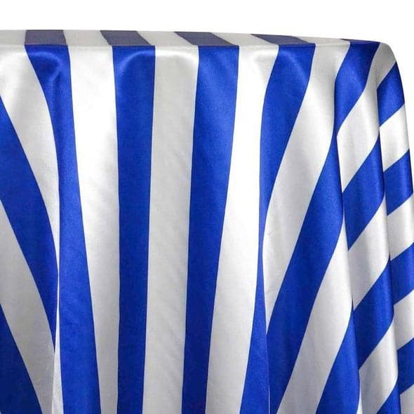 2″ Satin Stripe Table Linen in White and Royal | Rental