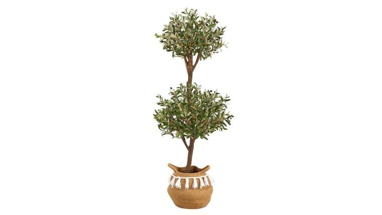 4.5′ Artificial Olive Double Topiary with Handmade Jute & Cotton Basket with Tassels | Rental 4.5′ Artificial Olive Double Topiary with Handmade Jute & Cotton Basket with Tassels | Rental