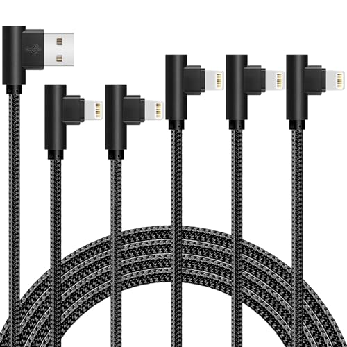 5 Pack(3/6/6/10/10FT) Right Angle Phone Cable Fast Charger Nylon Braided Data Cord 90 Degree Elbow for Game Video Compatible with Compatible with Phone Xs XR X 8 7 6 Plus (Black) | Rental
