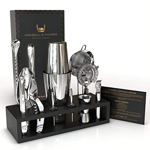 Highball & Chaser Premium Bartender Kit with Espresso Bamboo Stand Beautiful Cocktail Shaker Set with Bar Tools Stainless Steel Boston Shaker Bartender Kit with Stand (Silver) | Rental
