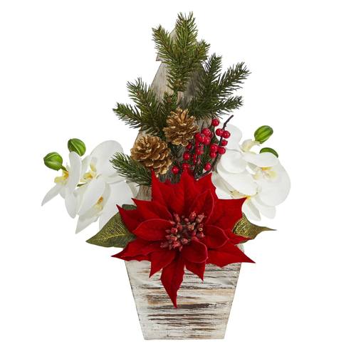 15” Poinsettia and Orchid Artificial Arrangement in Christmas Tree Vase | Rental 15” Poinsettia and Orchid Artificial Arrangement in Christmas Tree Vase | Rental