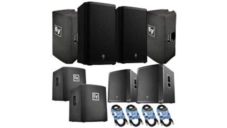 (2) Electro-Voice ZLX-15P-G2 15″ 1000W Powered Speaker, (2) EV ZLX-15P-G2 Covers, (2) EV ELX200-18SP, (2) EV ELX200-18SP Covers, (4) XLR Cables Bundle | Rental