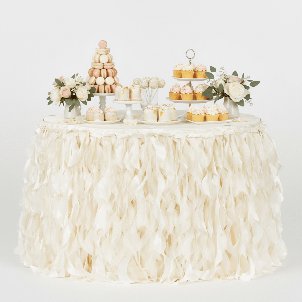 Curly Willow 14ft Table Skirt – Ivory | Rental