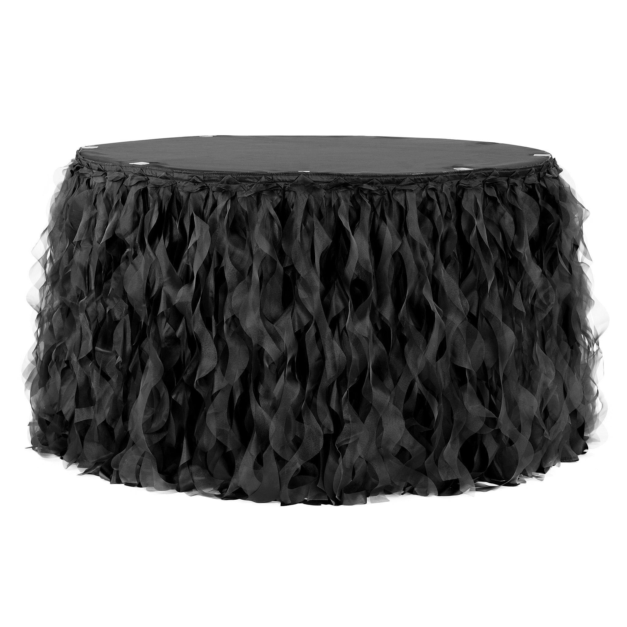 Curly Willow 14ft Table Skirt – Black | Rental